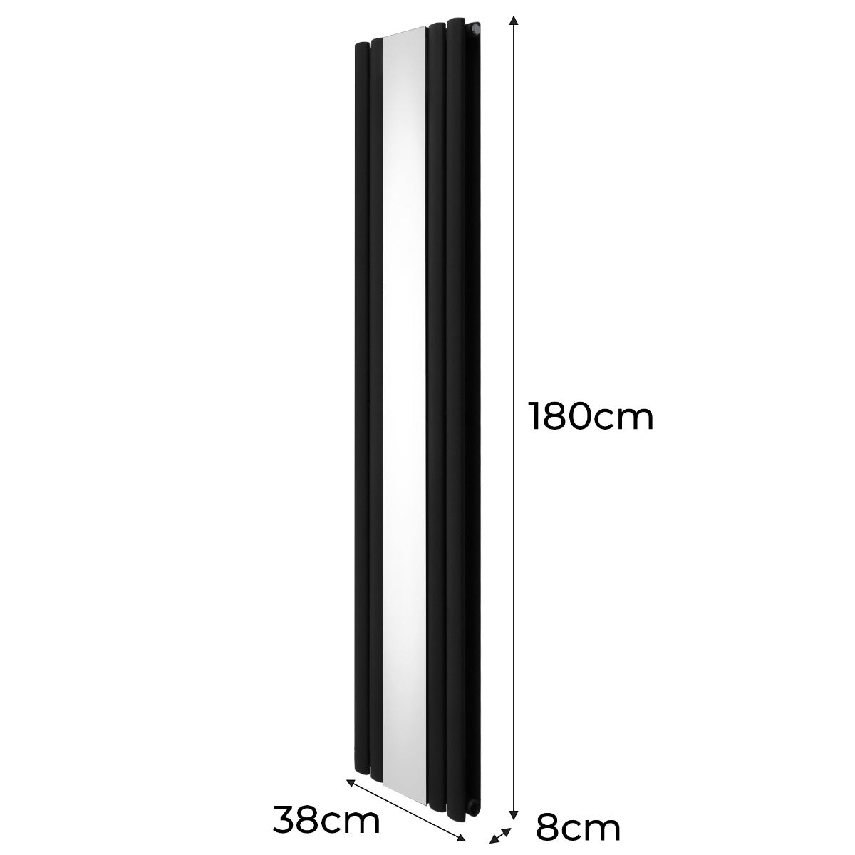 Oval Röhrenheizkörper mit Spiegel - 1800mm x 380mm - Schwarz